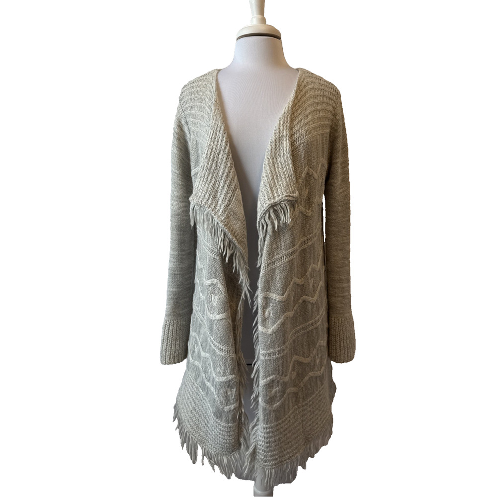 Eyeshadow Women's XL Boho Fringe Chunky Open Knit Longline Cardigan Neutral Gray